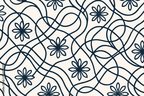 Seamless navy floral pattern with hand-drawn swirling lines