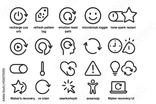 Dark UI icon set with refresh, reset, and status metaphors