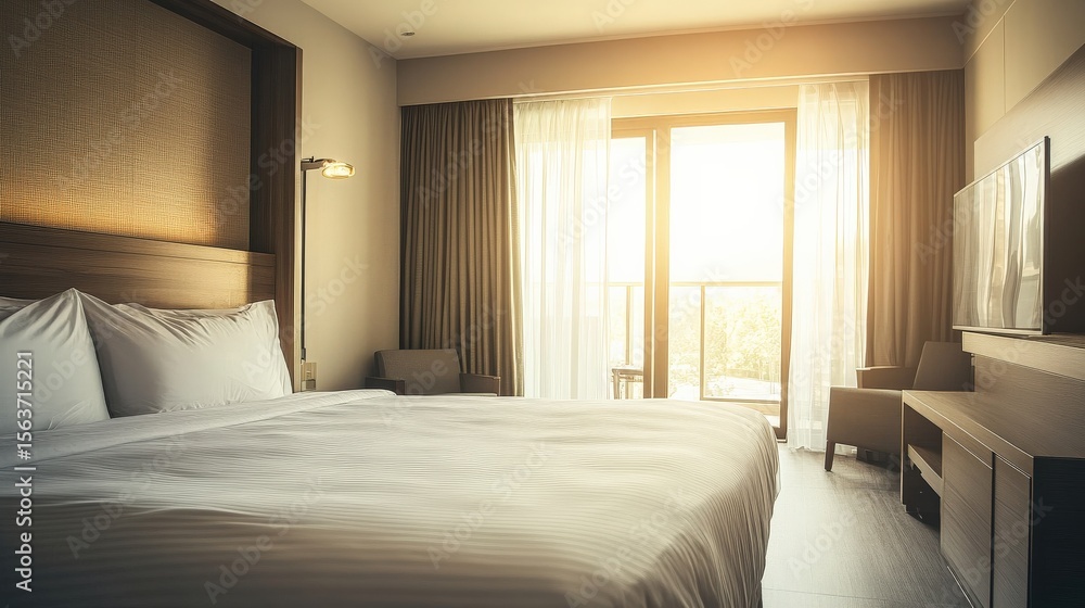 Cozy Hotel Room Interior with Soft Natural Lighting, Modern Furniture, Elegant Decor, King Size Bed, Inviting Atmosphere, Peaceful Retreat for Relaxation and Comfort Cozy Hotel Room Interior with Soft Natural Lighting, Modern Furniture, Elegant Decor, King Size Bed, Inviting Atmosphere, Peaceful Retreat for Relaxation and Comfort