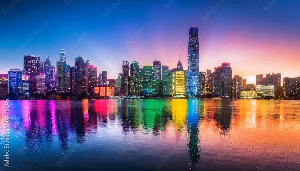 Fototapeta premium vibrant city skyline is illuminated in rainbow colors reflecting beautifully on water below symbolizing diversity and unity scene is both mesmerizing and inspiring