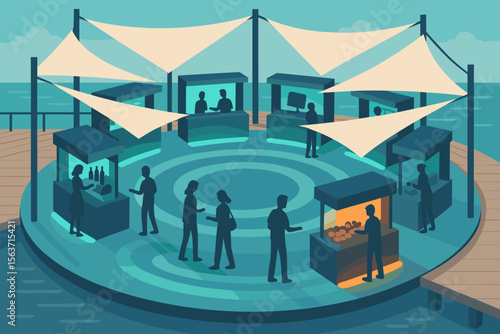 Modern seaside market scene with vendor stalls and canopy shades