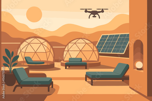 Futuristic desert landscape featuring solar-powered geodesic domes, lounge chairs, and a drone flying overhead, with a focus on sustainability and modern architecture.