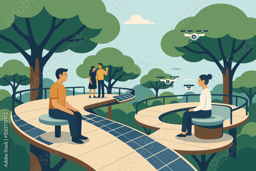 Illustration of people on elevated solar walkway with drones in forest