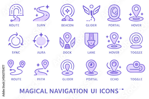 A set of 20 magical navigation UI icons, featuring route, portal, sync, aura, and various mystical navigation symbols with glowing effects.