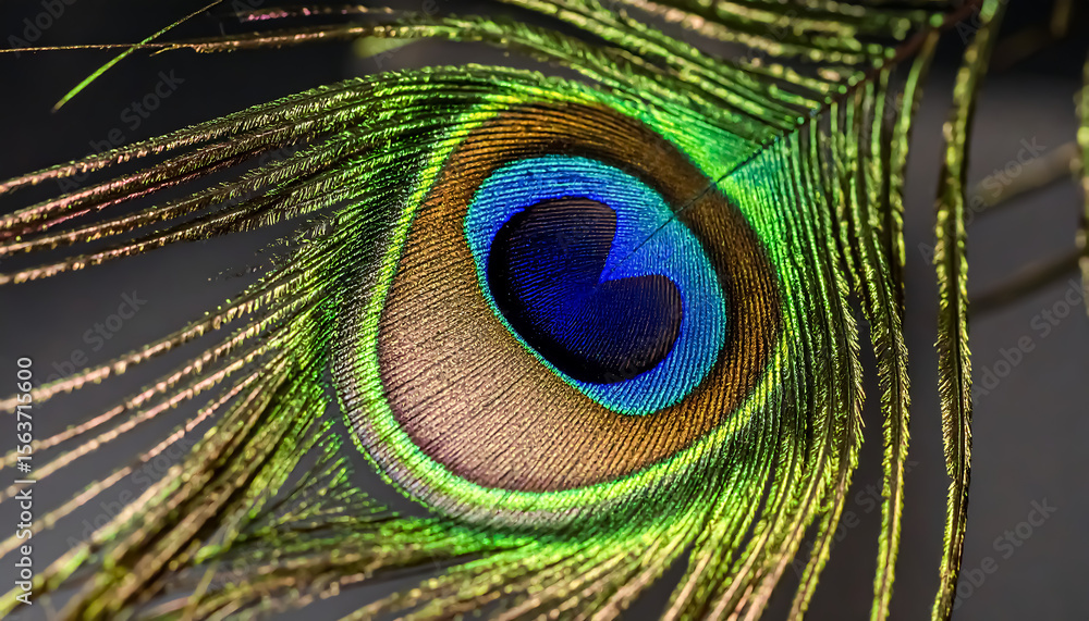 Obraz premium Exquisite detail showcases the iridescent colors and textures of a single, vibrant peacock feather, highlighting its beauty and unique design.