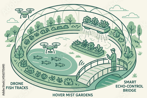 Futuristic smart garden with drones, fish pond, and hover planters