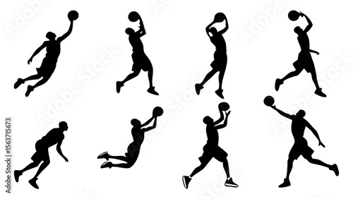 Black and White Silhouette Collection of Basketball Players Dunking and Dribbling in Action Poses on White Background