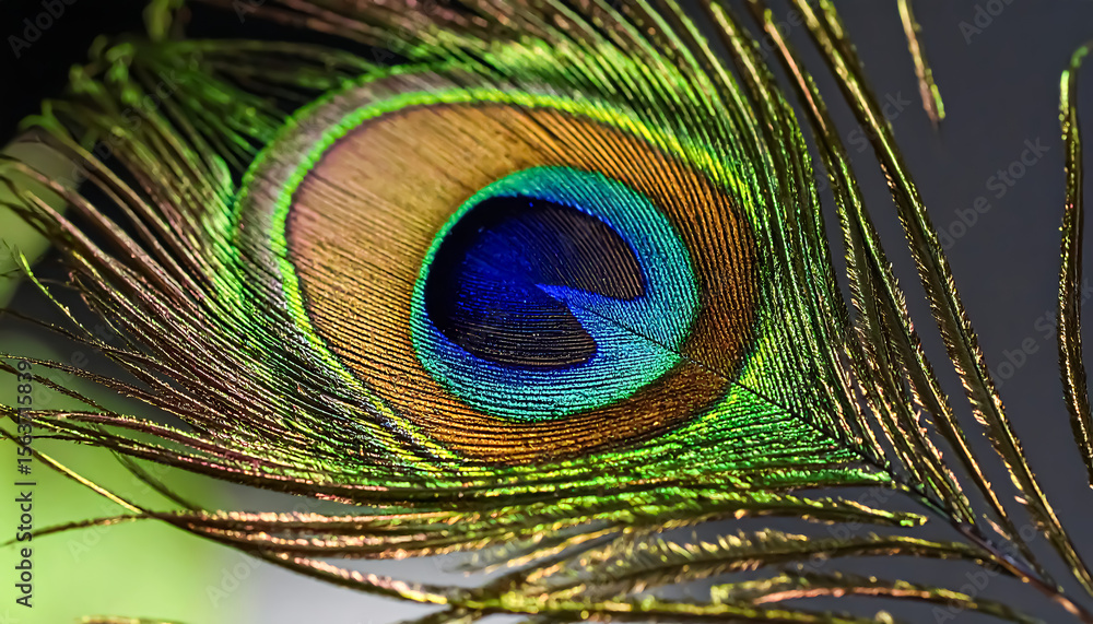 Obraz premium A vibrant peacock feather shows iridescent colors in shades of blue, green, and gold, adding a touch of exotic beauty.