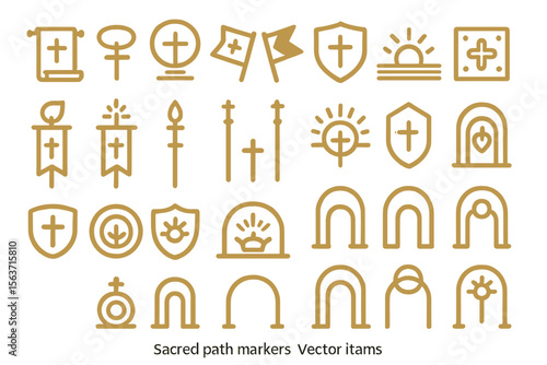 Golden sacred vector icons with scrolls, symbols, gates, and shields