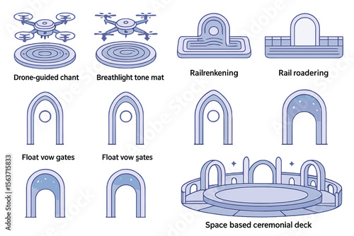 Futuristic UI icons of drones, gates, mats, and a space ceremonial deck