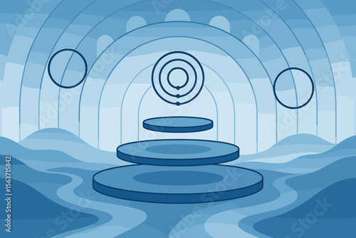 Surreal blue-toned landscape with floating platforms and concentric arches