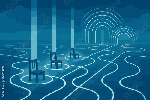 A minimalist, futuristic scene featuring glowing chairs connected by winding light paths, illuminated arches in the background, and a sense of serenity with soft clouds in the sky.