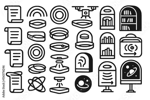 Outlined sci-fi icon set with scrolls, drones, archives, and cosmic interfaces