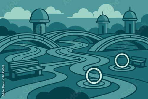 Stylized park illustration with winding paths and arched bridges