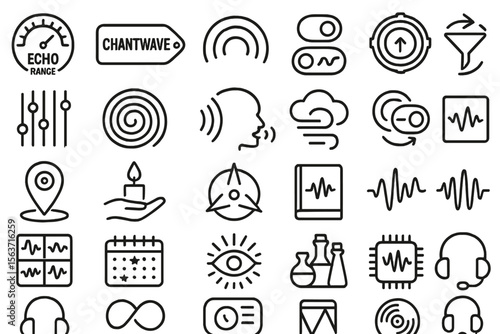 Black icon set of sound waves, toggles, spirals, and wellness UI elements