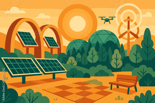 Sustainable energy landscape with solar panels, wind turbine, and drone