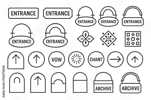 Outlined entrance and archive sign icons with arrows and decorative motifs