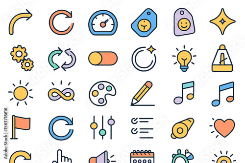 Colorful UI icon set with toggles, music notes, sliders, and creative symbols