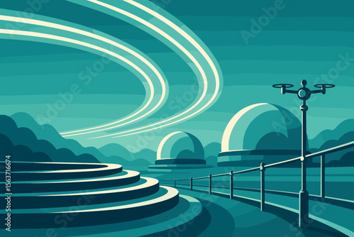 Futuristic domes and spiraling light trails in a stylized teal landscape