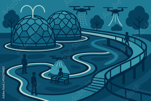 Stylized futuristic park with domes, drones, and winding walkways