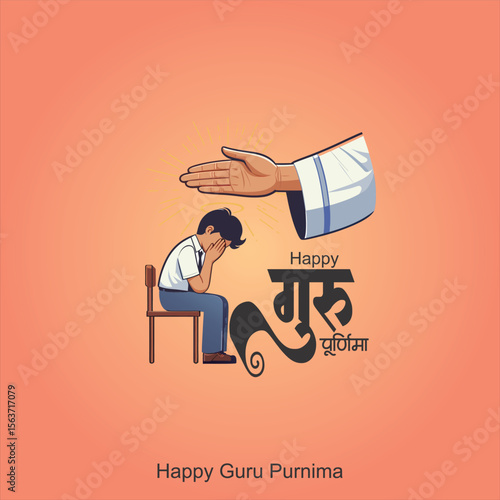 happy Guru Purnima teacher blassing indian  elder, digital illustration, vibrant colors, traditional indian art style teacher is blassing student guru purnima hindi calligraphy