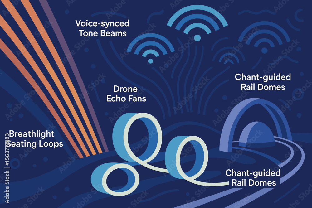 Naklejka premium Futuristic nightscape illustration with labeled sound and wellness structures