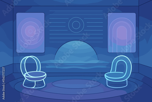 Futuristic calming room with glowing chairs, digital panels, and ambient lighting