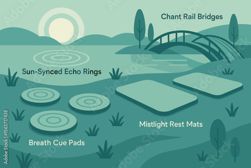 Labeled flat illustration of a tranquil landscape with wellness elements