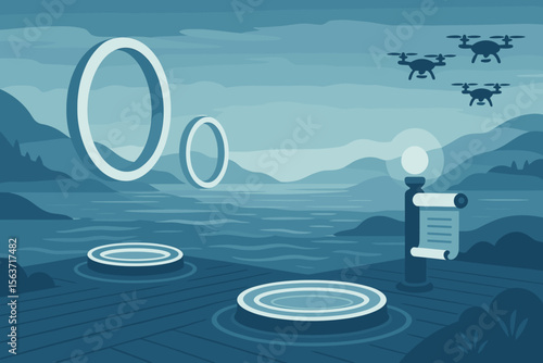 Serene futuristic lakeside scene with vow rings, scroll post, and hovering drones