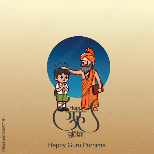 happy Guru Purnima teacher blassing indian  elder, digital illustration, vibrant colors, traditional indian art style teacher is blassing student guru purnima hindi calligraphy