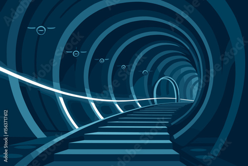 Futuristic tunnel with glowing path, steps, and hovering drones