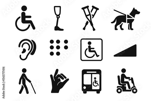12 black disability icons on white. Solid vector for accessibility and inclusion design.