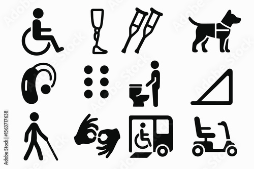 Black icons on white background for mobility and disability themes. Minimal vector set for awareness.