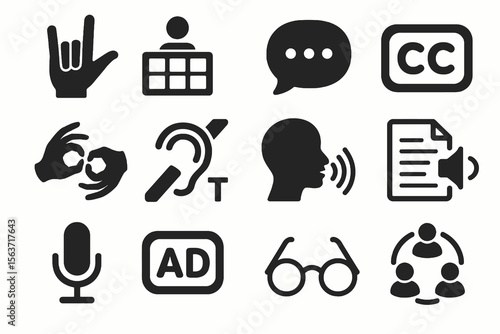 Black icons on white background for accessible communication. Minimal vector set for inclusion.