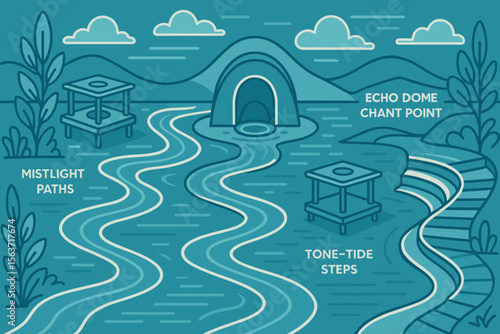 Whimsical illustrated map with labeled paths, domes, and platforms