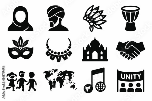 12 black cultural diversity icons on white. Vector for heritage, unity, and inclusion.