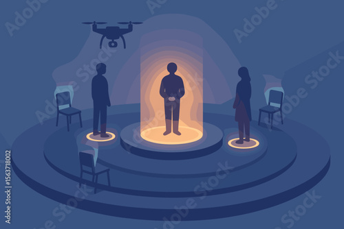 A mysterious scene with a central figure illuminated by a beam of light from a hovering drone