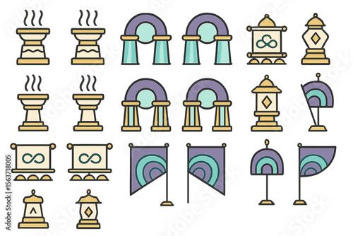 A collection of vintage-inspired icons including incense burners, decorative arches, symbolic scrolls with infinity signs, lanterns, and colorful flags