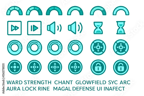 A set of 30 futuristic vector icons, featuring ward strength gauges, chant controls, glowfield sync arcs, and aura lock rings, with dynamic and high-tech design elements.