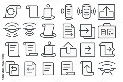 Set of line icons depicting documents, data transmission, drones, and file management systems with various directional arrows.