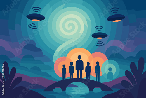 A surreal, colorful scene with people standing on a bridge, surrounded by glowing orbs and hovering UFOs, creating a mystical atmosphere.