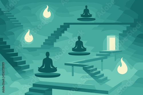 Meditative figures on floating platforms in surreal stairway realm