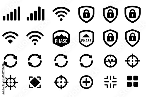 Set of vector icons including wifi, security shields, phases, and rotation symbols.