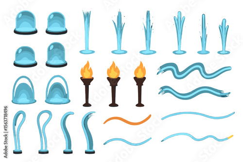 Vector set of glowing water and flame effects for event or fantasy decor