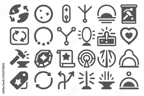 Fantasy-themed UI icon set with crafting tools, magic glyphs, gems, and signals
