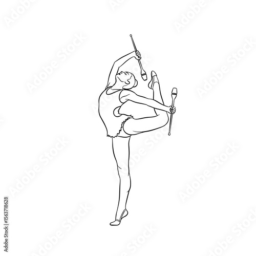 Dancer performing rhythmic movements with clubs in abstract style  