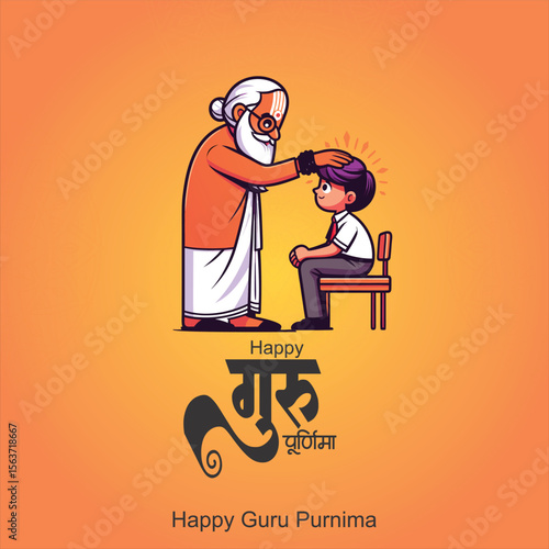 happy Guru Purnima teacher blassing indian  elder, digital illustration, vibrant colors, traditional indian art style teacher is blassing student guru purnima hindi calligraphy
