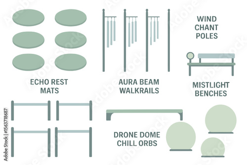 Soft-glow wellness UI asset set with benches, mats, chill orbs, poles, and walkrails