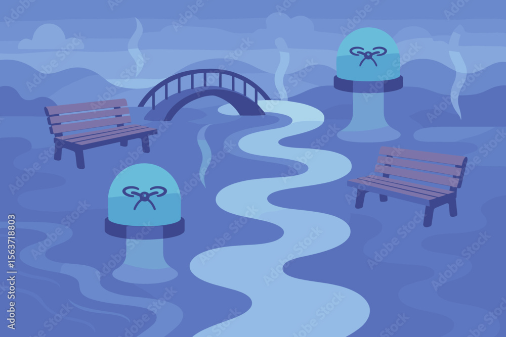 Fototapeta premium A dreamy, surreal landscape featuring floating benches, mysterious glowing domes, and a misty river, with a bridge arching in the distance under a soft blue sky.