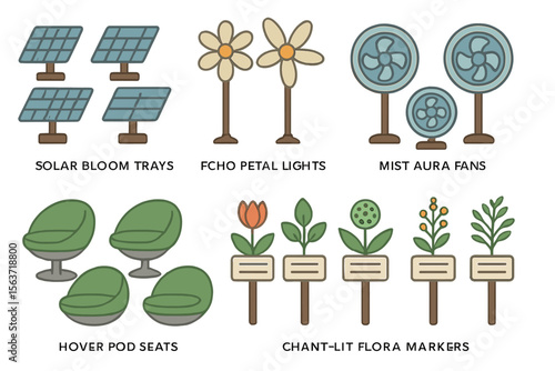A set of eco-friendly, futuristic design icons featuring solar panels, flower-inspired lights, cooling fans, modern pod seats